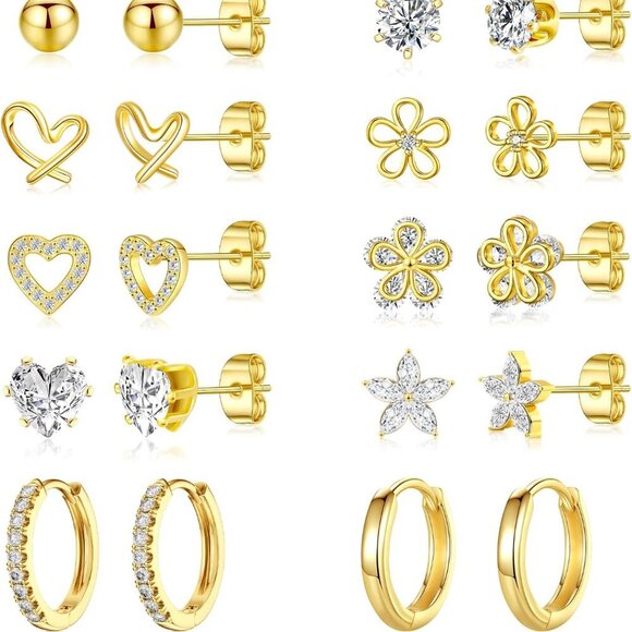 Jewelry - Small Gold Stud Earrings Set 14K Gold Plated CZ Hypoallergenic for Women